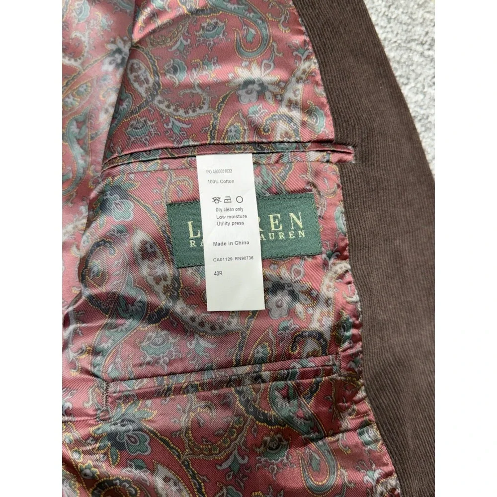 Lauren Ralph Lauren Mens Brown Corduroy Blazer Paisley‎ Lining 2-Button Jacket